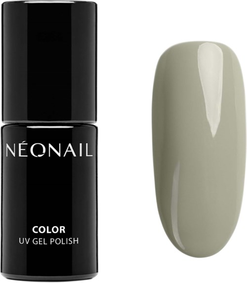 A black nail polish bottle labeled 'NEONAIL' and a beige painted nail. Simple, plain background, focus on the products.