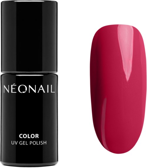 Czarna butelka lakieru UV NEONAIL i pomalowany różowy paznokieć. Prosty i czysty design.