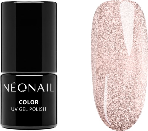Nail polish pullo, jossa lukee NEONAIL COLOR UV gel ja näyte lakasta vaaleanpunaisena glitterillä.