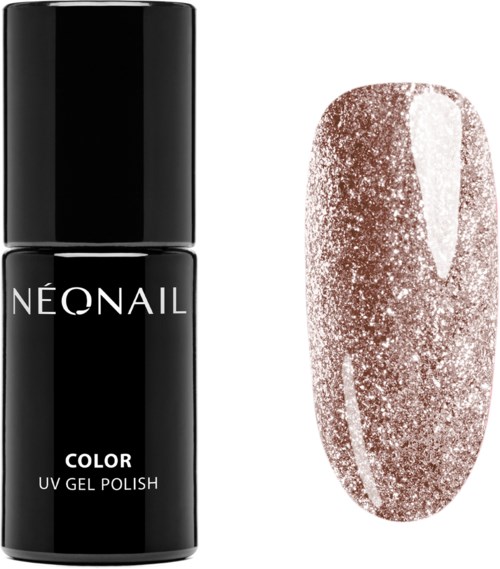 Czarna butelka lakieru do paznokci oznaczona 'Neonail Color UV Gel Polish'. Brokatowy różowy test paznokcia obok.