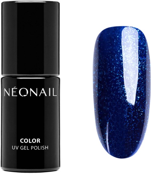 A black bottle labeled 'Neonail Color UV Gel Polish' and a blue, glittery nail painted with it.