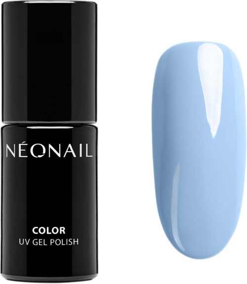 A black nail polish bottle with white text and a sample of light blue gel polish.