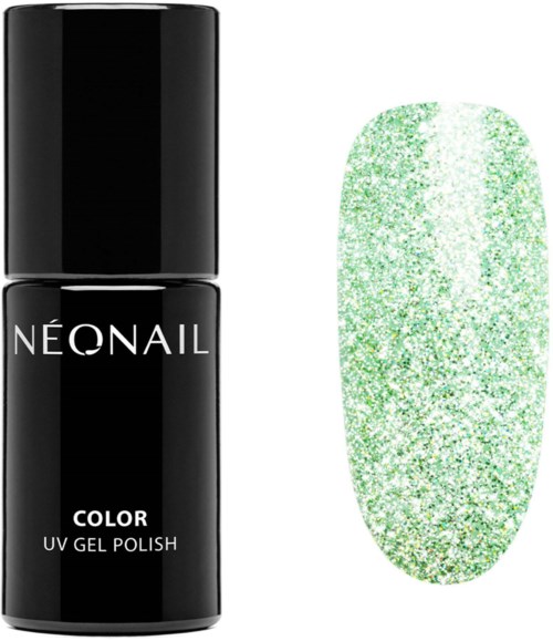 A black bottle labeled 'NÉONAIL' with a swatch of green glittery gel polish next to it.