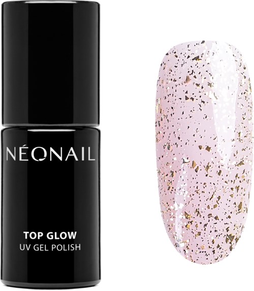 Svart flaske merket 'Neonail Top Glow UV Gel Polish' ved siden av en dekorert, lyse rosa negl med gullflekker.