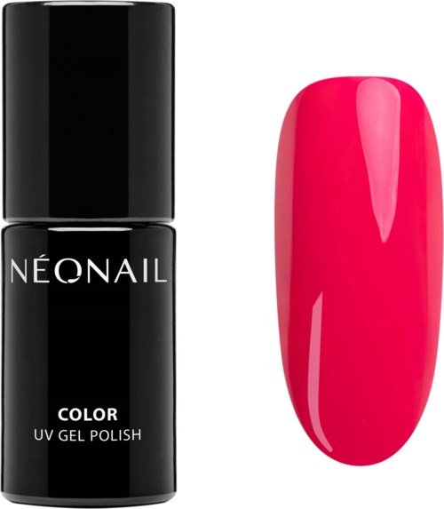 A black nail polish bottle and a pink painted nail sample, showing bright, shiny color.