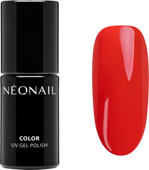 A black bottle of NÉONAIL gel polish and a red painted nail. The bottle shows it's a UV gel color.