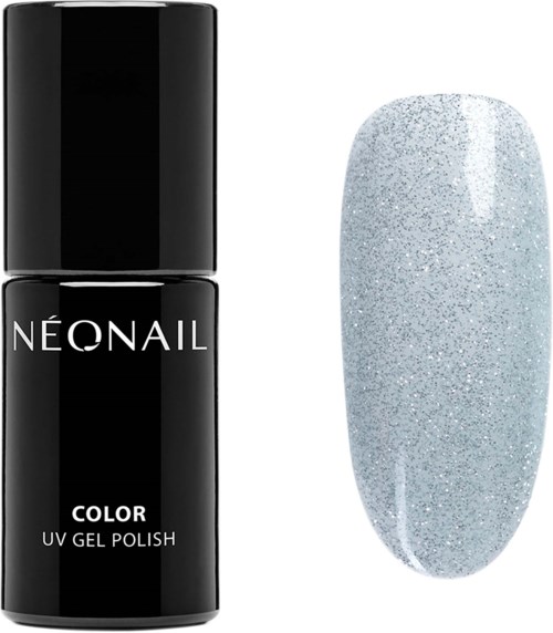 Black nail polish bottle labeled 'Neonail', next to a shining light blue glitter nail sample.