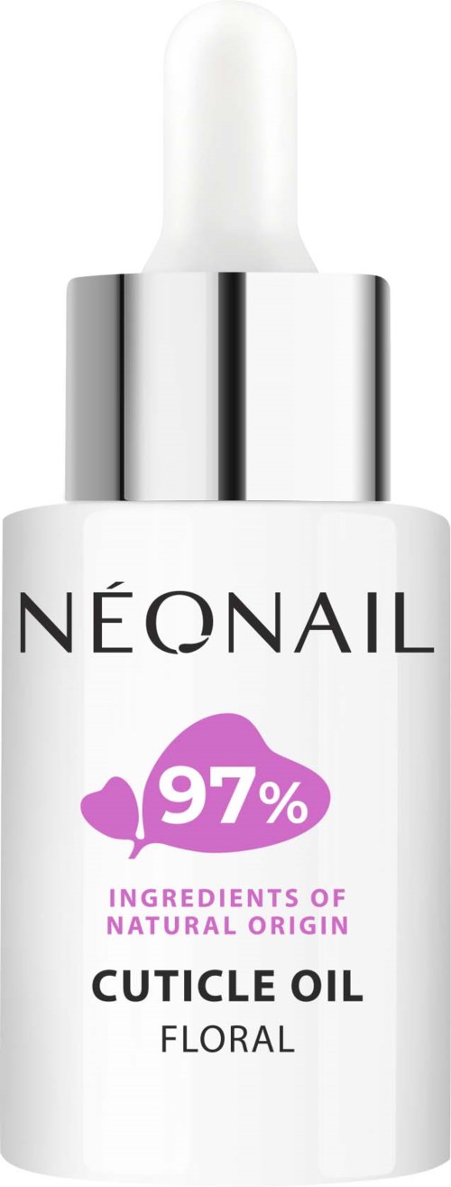 Eine weiße Flasche mit Tropfenzähler, gekennzeichnet 'NÉONAIL', fördert 97 % natürliche Inhaltsstoffe, blumiges Nagelhautöl.