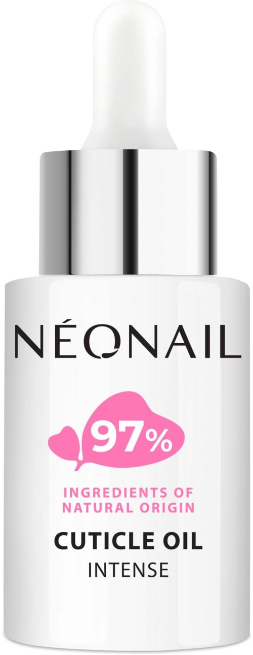 Eine weiße Flasche mit silberner Spitze, beschriftet NEONAIL, 97% natürliche Inhaltsstoffe, für intensive Nagelhäutöl.