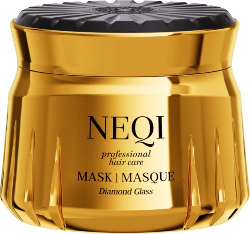 Gold-colored jar of NEQI professional hair care mask with diamond glass label and black lid.