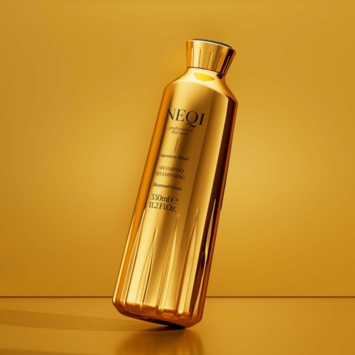 Długa, błyszcząca złota butelka szamponu NEQI, stojąca na złotym tle.