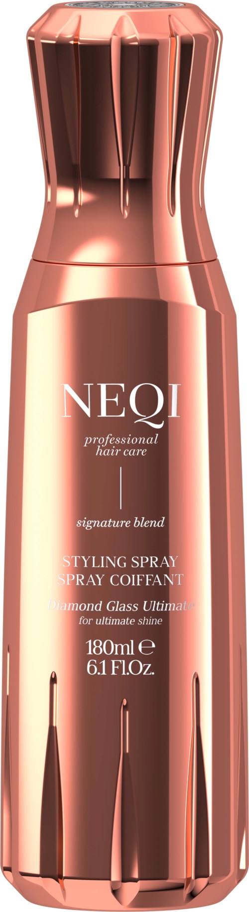 A rose gold hair spray bottle with a sleek, cylindrical design and a shiny, ridged cap.