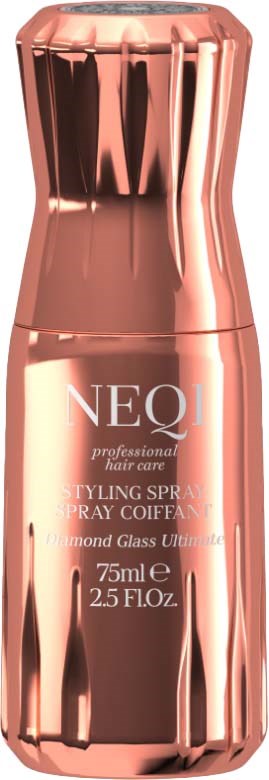 En rosegull hårsprayflaske med blank, metallic finish. Skrivningen siger NEQI professionel hårpleje styling spray.