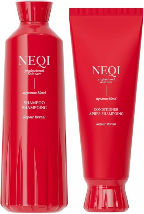 Red hair care bottles, labeled NEQI, for shampoo and conditioner, stand upright, sleek design, professional look.