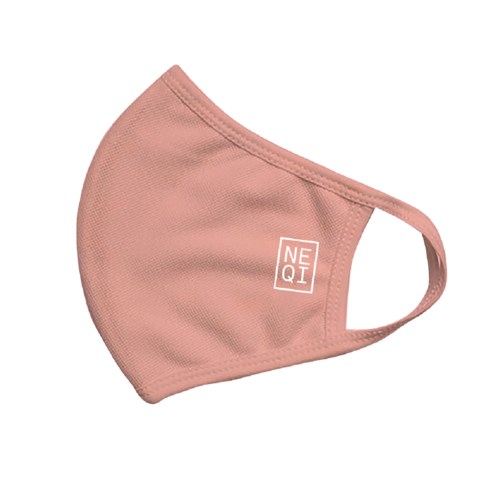 Pink face mask with white logo reading 'NE QI'. It covers nose and mouth and has ear loops.