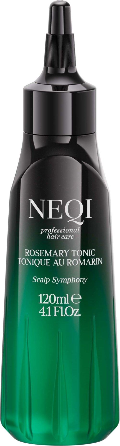 Zielona i czarna butelka oznaczona NEQI tonic rozmarynowy do skóry głowy, 120 ml.