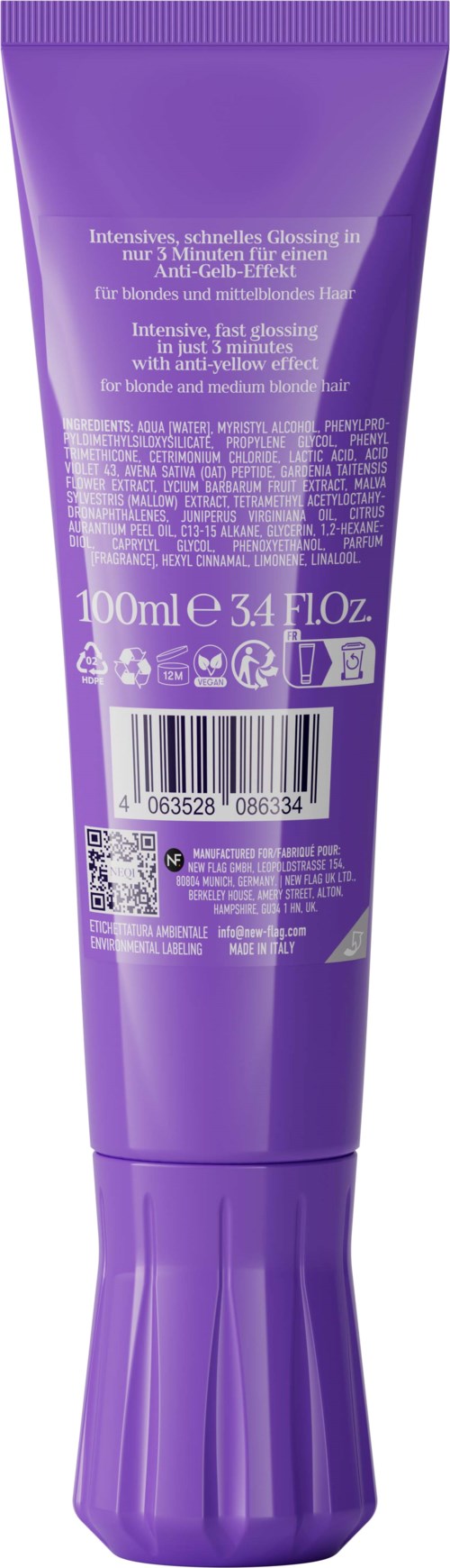 Fioletowa tubka z tekstem o błyszczącym włosach, 100ml pojemności, różne symbole i kod kreskowy na odwrocie.