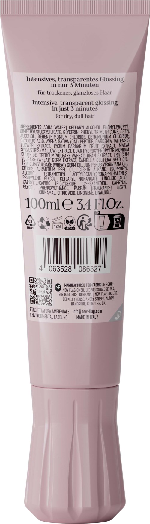 Różowa tubka produktu do włosów z tekstem, kodami kreskowymi i symbolami z tyłu. Zawiera 100 ml lub 3,4 fl oz.