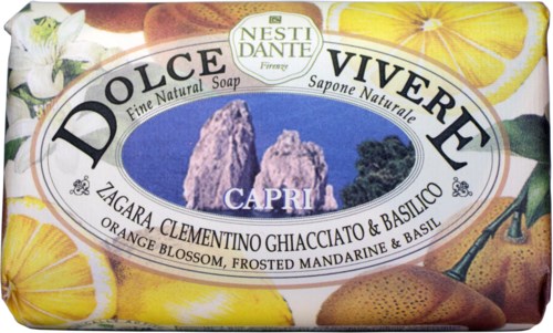 Seifenpackung mit Abbildungen von Orange, Zitrone und Birne sowie einer Bergszene. Der Name ist Dolce Vivere Capri.