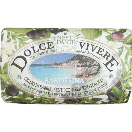 Eine Seifenverpackung mit einem Bild von Strand und Grünflächen. Es hat italienischen und englischen Text über natürliche Inhaltsstoffe.