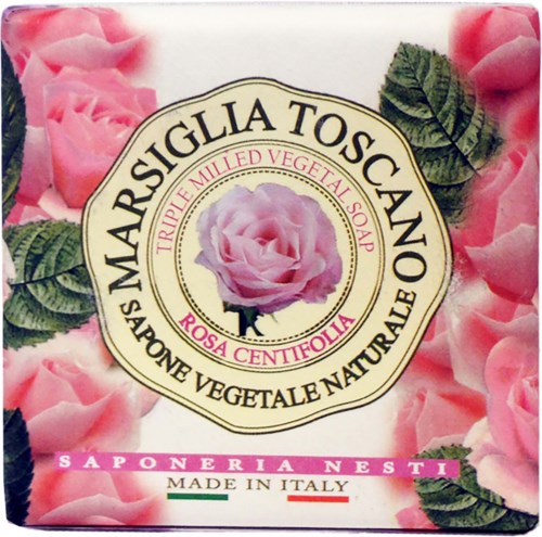 Tvålförpackning med rosa rosor och gröna blad, märkt som naturlig vegetabilisk tvål med ros centifolia doft, tillverkad i Italien.