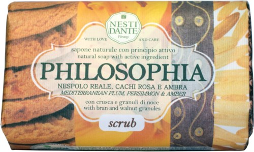 Natural soap with Mediterranean plum, cinnamon, amber, and walnut granules, designed for scrubbing. Brand: Nesti Dante Philosophy.