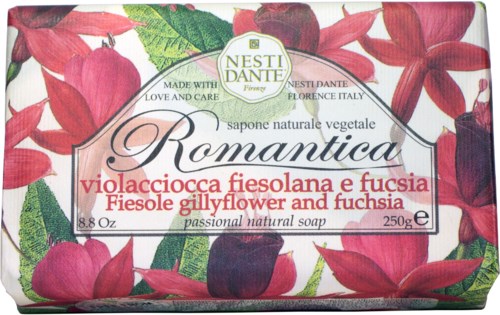 Natürliche Seife in Blumenverpackung mit roten und pinken Blumen, als romantisch und leidenschaftlich gekennzeichnet, 250g.