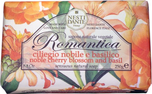 En blomstermønstret såpeeske med bilder av kirsebærblomster og basilikum, merket "Romantica" og "noble cherry blossom and basil."