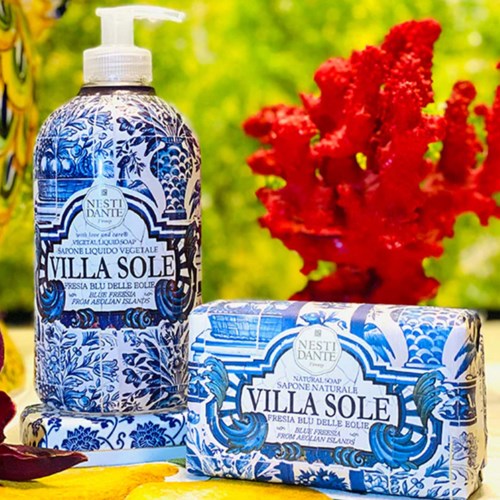 A blue and white soap bottle and a matching soap bar with floral and sea wave patterns. Red coral and greenery in background.