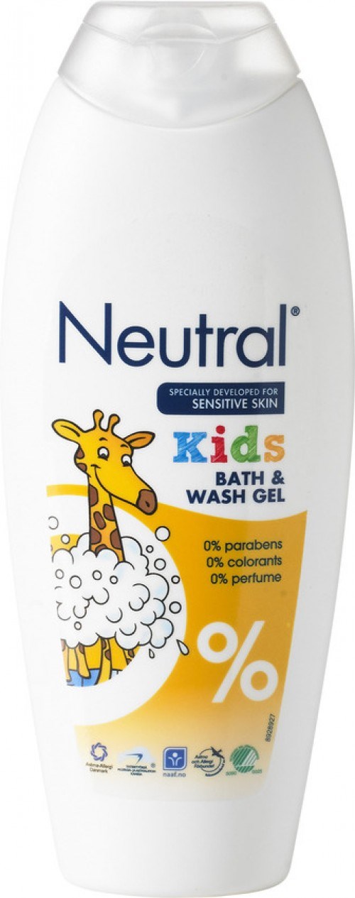 En vit flaska Neutral Kids bad- och tvålgel med en giraffbild på.