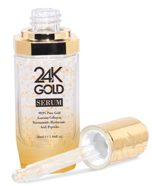 En guldfärgad serumflaska med pipett, märkning "24K Gold Serum" som innehåller kollagen, hyaluronsyra och peptider.