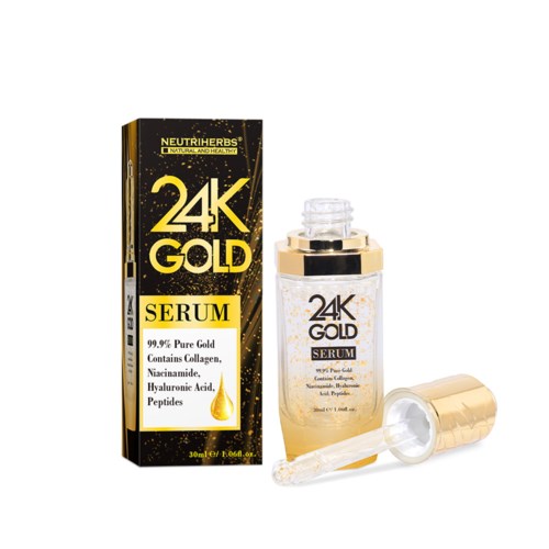 En låda och flaska med hudvårdsserum med gulddesign, innehållande kollagen, hyaluronsyra och peptider, märkt 24K Gold.