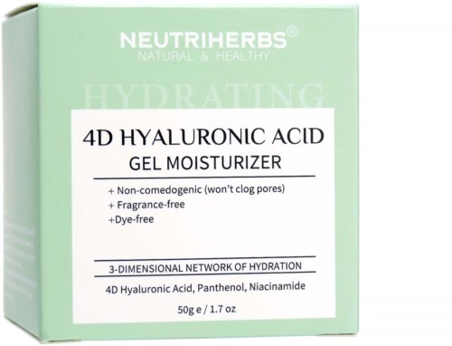 En ljusgrön förpackning av Neutriherbs fuktgivande gelkräm med text som nämner hyaluronsyra och dess fördelar.