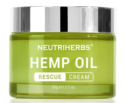 En grön burk med silverlock märkt 'Neutriherbs Hemp Oil Rescue Cream' för hudvård, väger 50 gram.