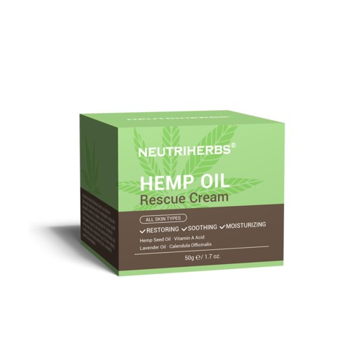 En grön förpackning kallad 'Hampaolja räddningskräm' för alla hudtyper med naturliga ingredienser i.