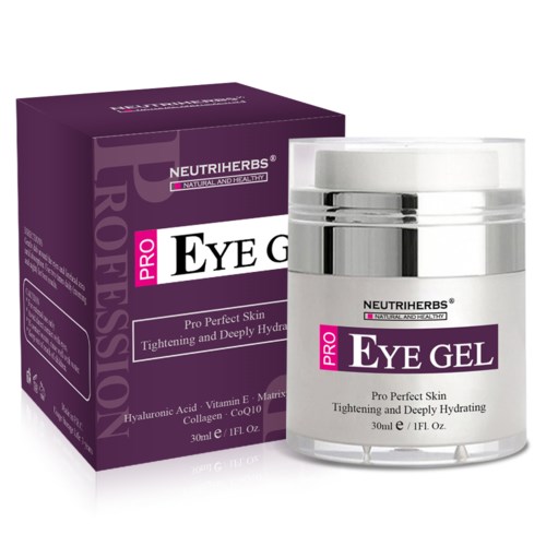 Lilan värinen laatikko ja läpinäkyvä purkki, jossa valkoinen ja hopea kansi, merkitys 'Neutrherbs Pro Eye Gel' ihon kiristämiseen ja kosteuttamiseen.