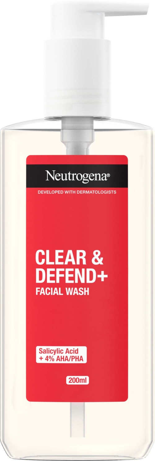 Een fles Neutrogena gezichtswas met pomp, gelabeld 'Clear & Defend+,' bevat 200ml product.