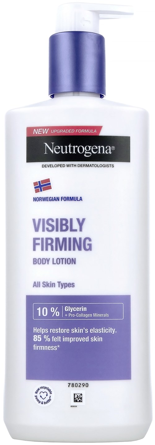 En vit flaska med blå lock, märkt 'Neutrogena Visibly Firming Body Lotion' för alla hudtyper. Innehåller 10% glycerin.