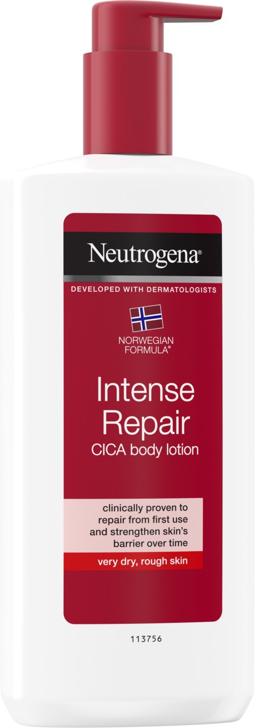 En vit flaska med röd pump och etikett. Det är Neutrogena Intense Repair kroppslotion för mycket torr hud.