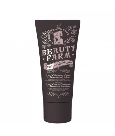 Svart tubeblokk med blomsterdesign, med bilde av en kvinne, tekst om hudpleieprodukt og spa-behandling.