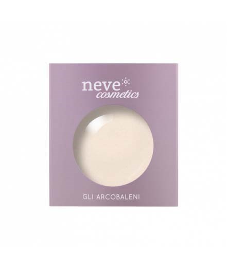 Lilla esken med et rundt åpning, viser et hvitt kosmetikkprodukt inni. Merkenavn 'neve cosmetics' og 'GLI ARCOLANELLI'.