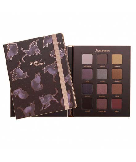 Eine lila-themed Make-up-Palette mit neun Lidschatten und einem passenden Notizbuch mit Katzenillustrationen.