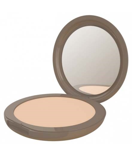 Ett kompakt puderlock med spegel inuti, innehållande beige puder för makeup.