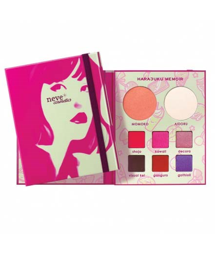 Illustration av en rosa makeup-palett med olika ögonskuggor och rouge, med en stiliserad kvinna på coveret.