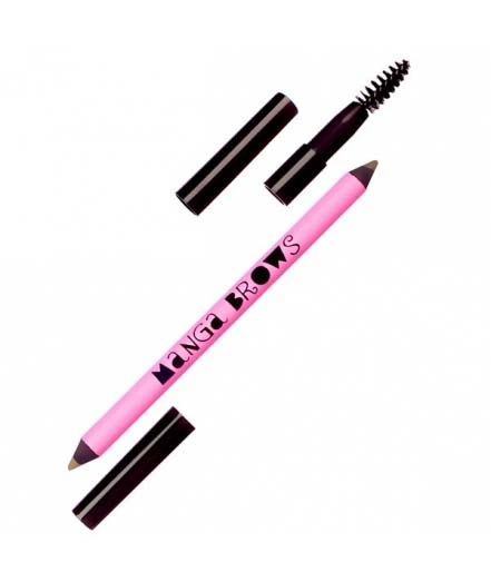 En rosa manga-inspirerad penna med orden "MANGA BROWS" och ett litet hjärta, samt en mascara och två läppstift.