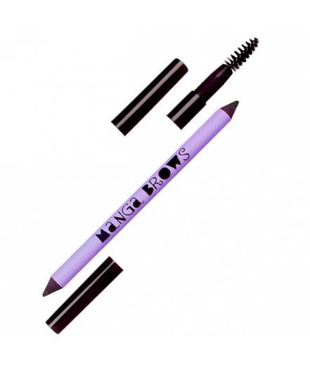 En lila penna med svart och vitt text som säger "Manga Brows". Två svarta mascara-rör visas oanvända.