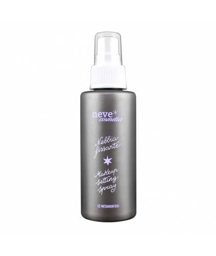 En grå sprayflaska med vit sprutmunstycke, märkt 'neve cosmetics Nebbia Lissante Makeup Setting Spray'.
