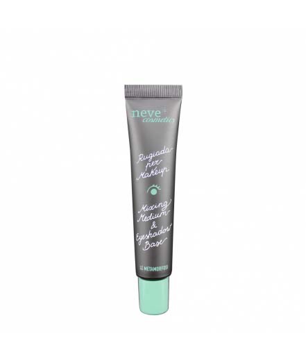 En tube med Neve cosmetics øyegenser, grå med mintgrønn kork, står opp.