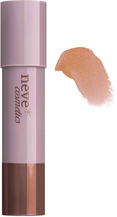 En rosa varsinrör med brunt under, märkt 'neve cosmetics', bredvid en beige makeup-bestrykning.