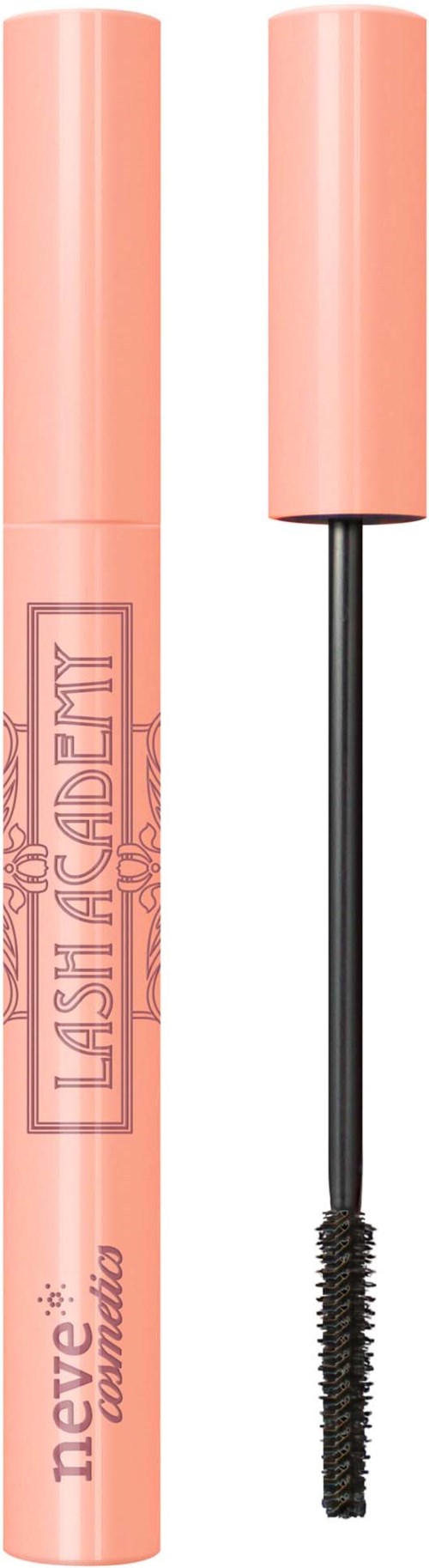 En rosa mascara-rør med en børste og ordene "Lash Academy" og "neve cosmetics" på.